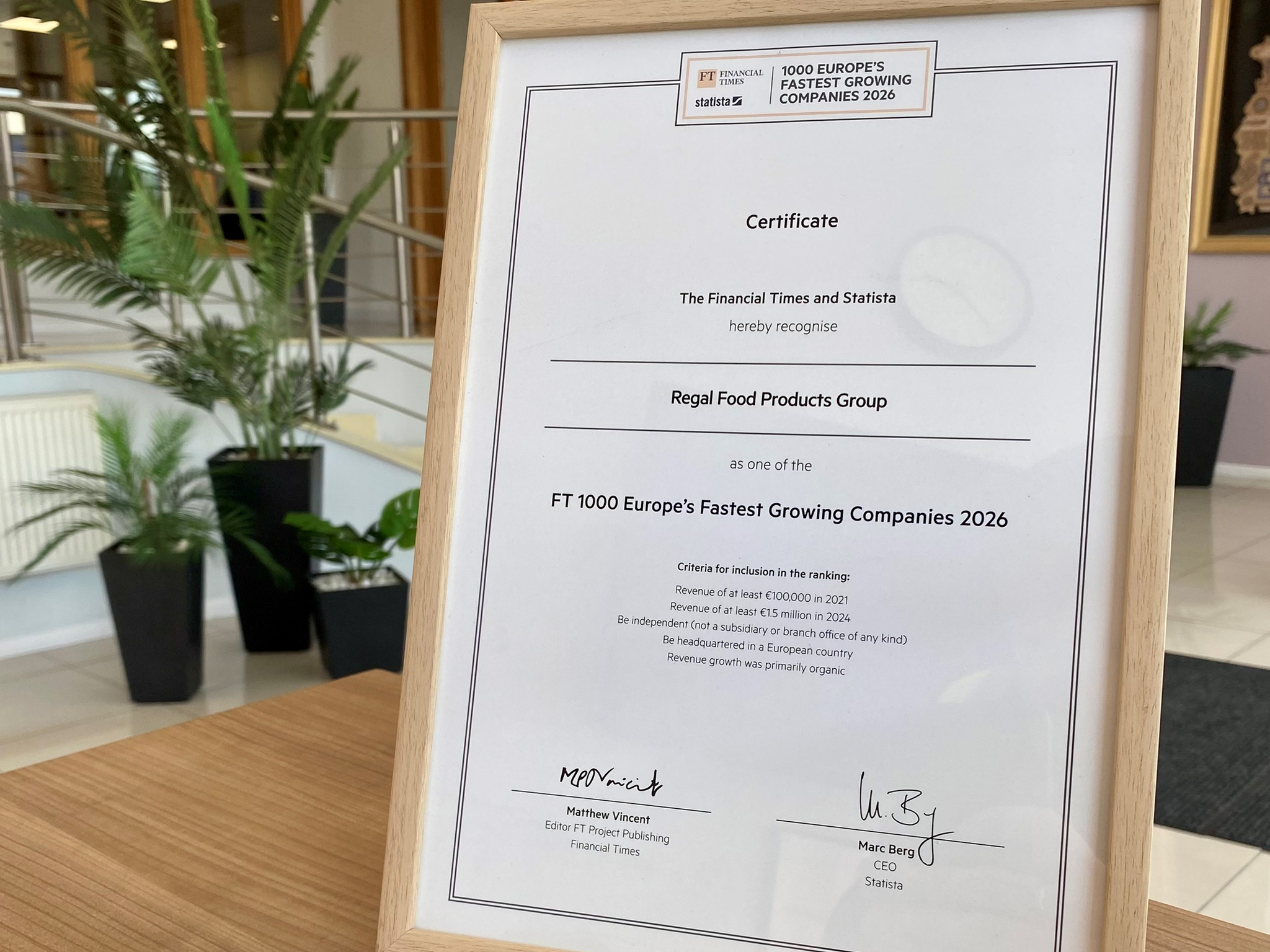 We are delighted to share that Regal Food Products Group Plc has been recognised by the Financial Times, in collaboration with Statista, as one of Europe’s Fastest Growing Companies